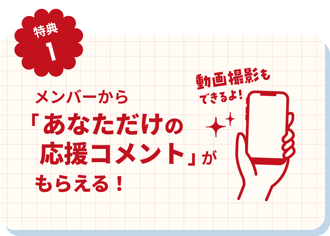 【特典1】メンバーから「あなただけの応援コメント」がもらえる！動画撮影もできるよ！