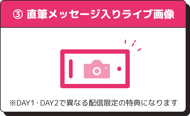 ③購入者全員 DAY1・DAY2異なる配信限定直筆メッセージ入りライブ画像